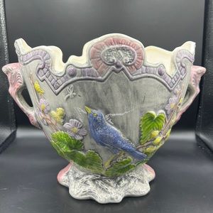 Mid 20th Century Majolica-Inspired Planter With Bluebird Design and Handles